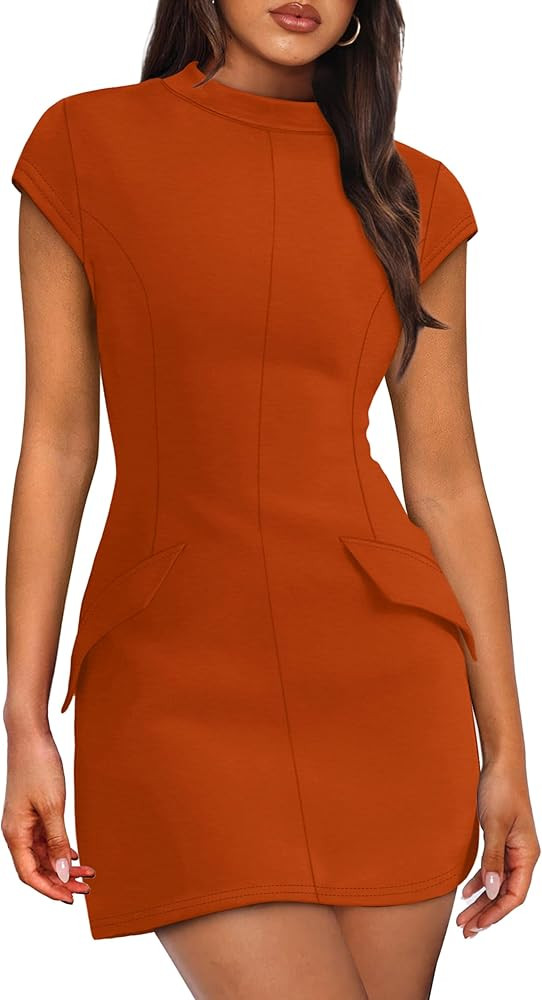OFEEFAN Womens Summer Dress Mock Neck Short Sleeve Bodycon Party Club Mini Dresses | Amazon (US)