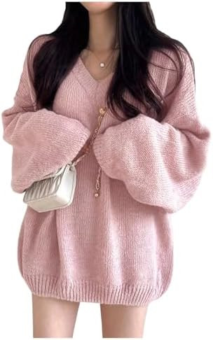 Women's V Neck Long Sleeve Sweaters Pullover Knitted Sweater Oversized Jumpers | Amazon (US)