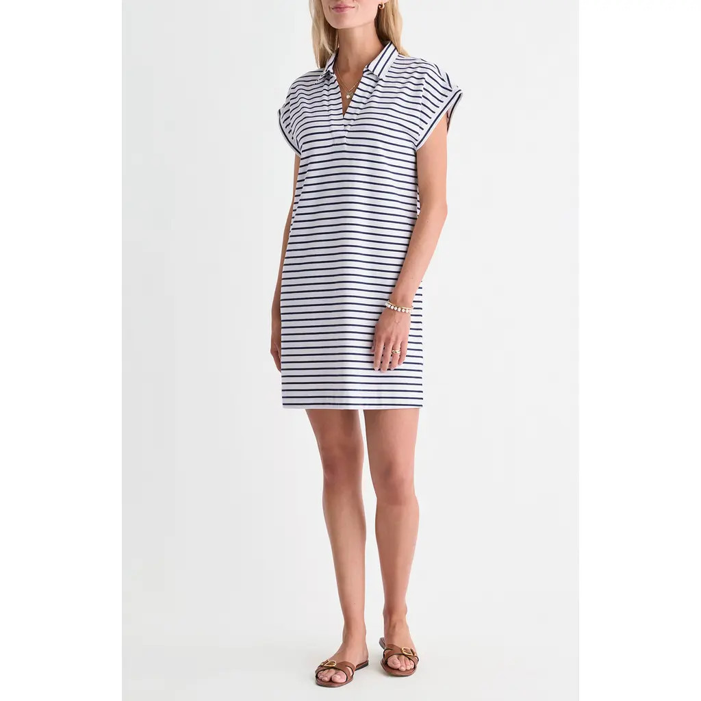 vineyard vines Margo Stripe Short Sleeve Polo Dress in Baystripe White/Navy at Nordstrom, Size X-Large | Nordstrom