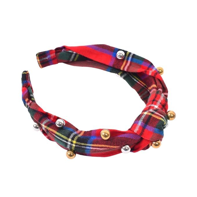 Bellefixe Christmas Knotted Headband for Women & Girls | Red Holiday Tartan Plaid with Metallic P... | Amazon (US)