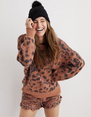 Aerie Leopard Oversized Crew Sweater | American Eagle Outfitters (US & CA)