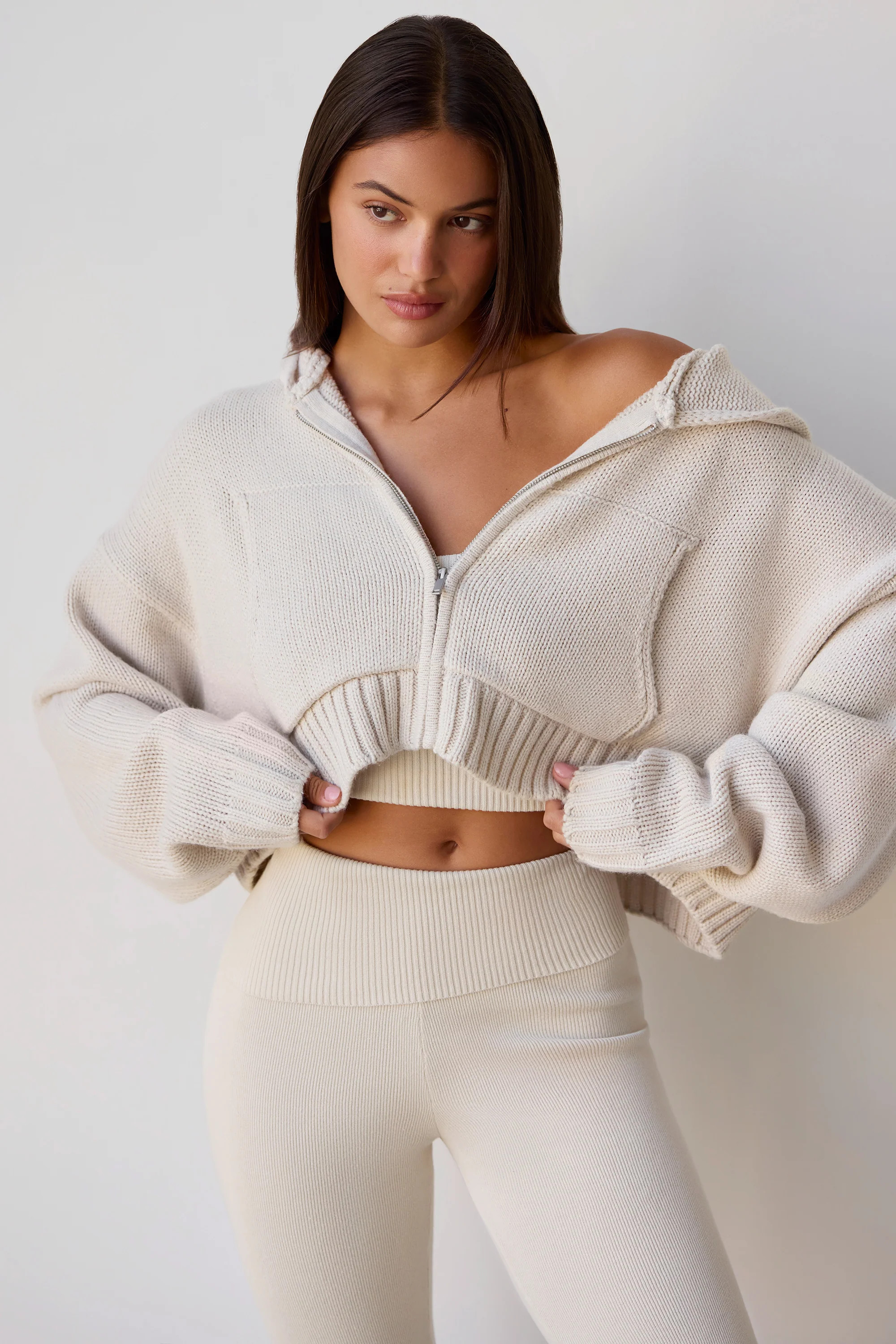 Cropped Zip-Up Chunky Knit Hoodie in Cream | Oh Polly