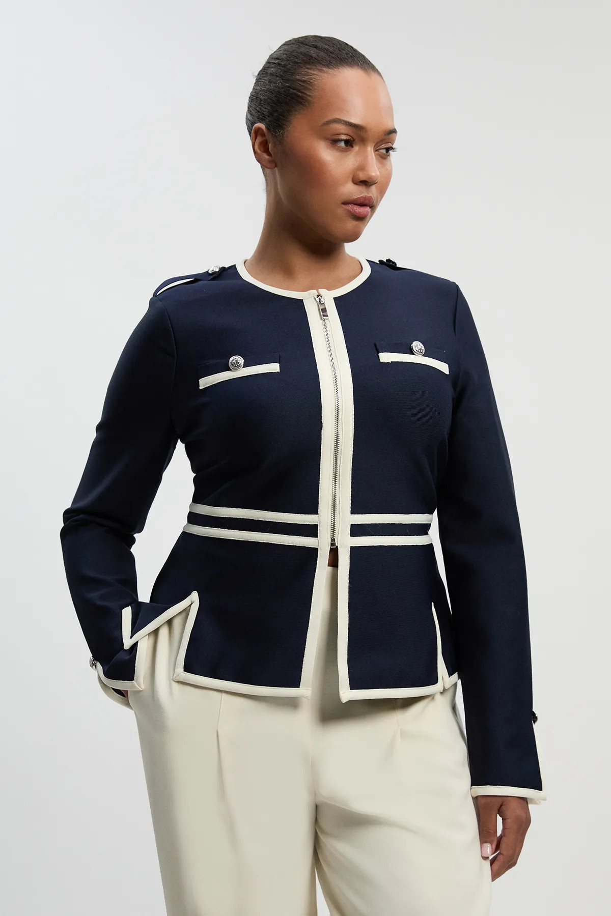 Plus Size Figure Form Bandage Military Contrast Piping Knit Split Hem Jacket | Karen Millen