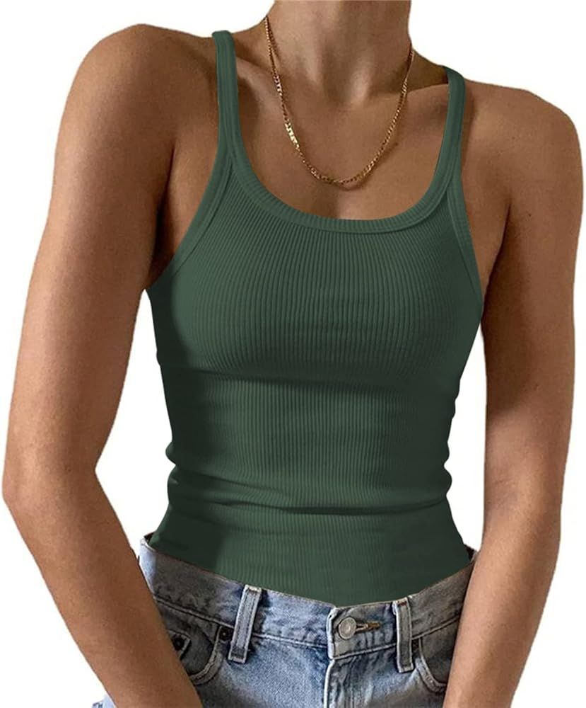 MIRALUNA Women's Sleeveless Ribbed Tank Tops Scoop Neck Slim Fit Knit Solid Color Basic Cami Shirts | Amazon (US)