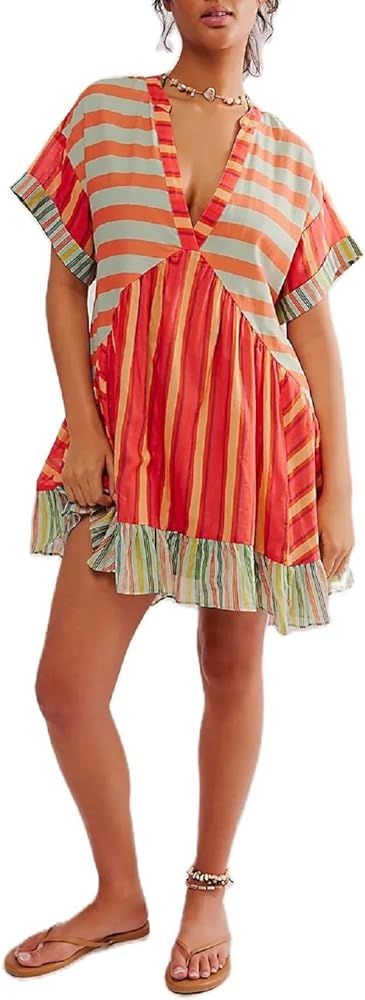 Women Bohemian Floral Mini Dress Boho Puff Sleeve V Neck Dress 2024 Summer Beach Short Dress | Amazon (US)