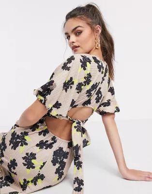 ASOS DESIGN textured midi smock dress with puff sleeves in cream and black floral | ASOS (Global)