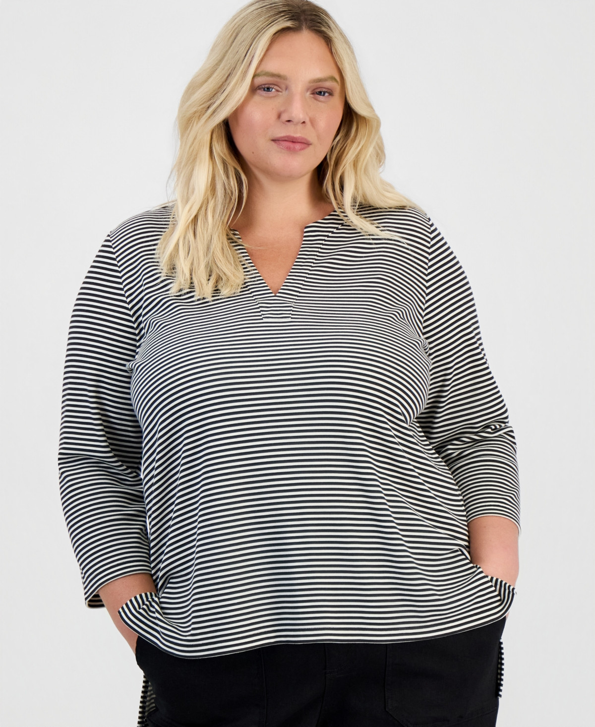 Style & Co Plus Size Striped 3/4-Sleeve Split-Neck Tunic, Macy's Exclusive - Deep Black | Macy's