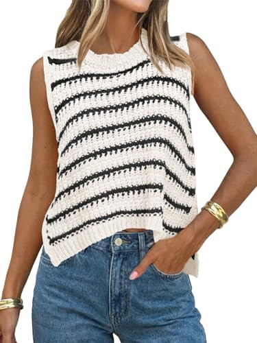 Saodimallsu Womens Sleeveless Striped Sweater Vest Crew Neck Summer Casual Side Split Knit Tank T... | Amazon (US)