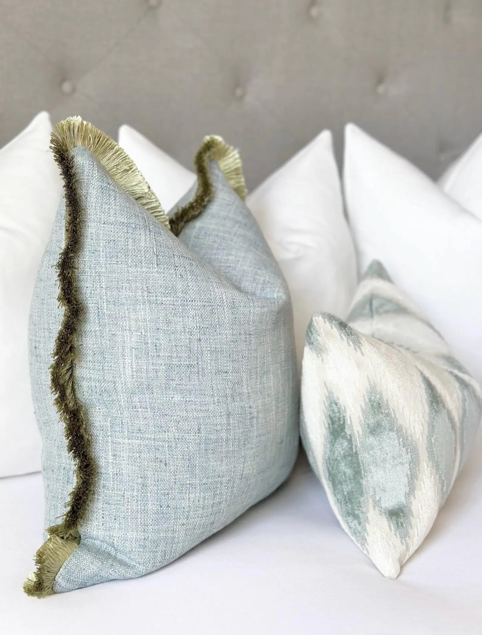 Mist blue throw pillow cover with green brushed fringe detail , mist blue pillow , decorative blu... | Etsy (Global)