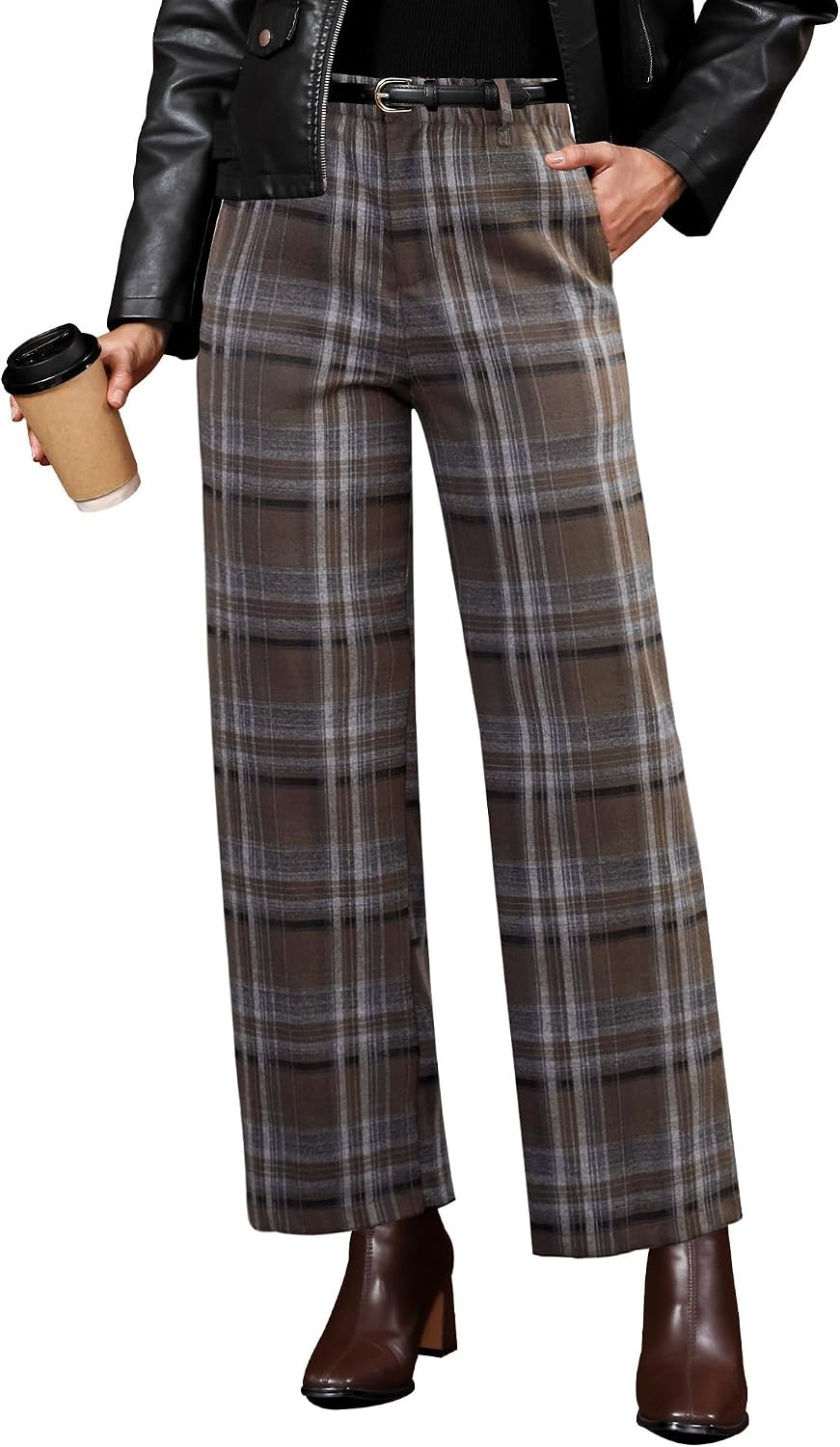 GRAPENT Plaid Pants for Women Wide Leg High Waisted Tartan Work Business Casual Elastic Waist Trousers Pants with Pocket | Amazon (US)