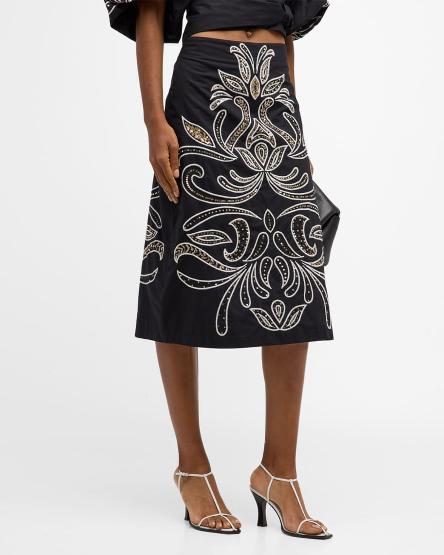 Figue Sloane Sequin Embroidered Slit-Hem Midi Skirt | Neiman Marcus