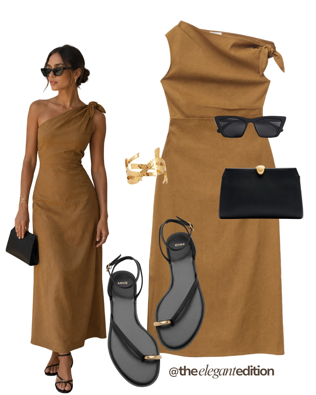 ONE-SHOULDER CAMEL DRESS LOOK 🤍 — Toffee one-shoulder tie-detail maxi dress, black clutch, gold cuff bracelet and black strappy sandals.
#summerdress #oldmoney #LTKsummer #LTKstyletip 

 #LTKeurope #LTKsummer #LTKdresses
