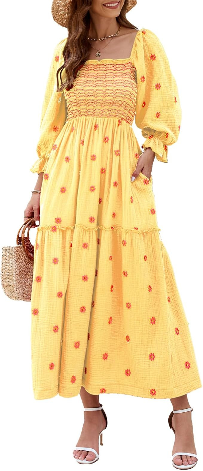 Women Floral Embroidered Maxi Dress Long Puff Sleeve Square Neck Bohemian Flowy Dress with Pocket... | Amazon (US)