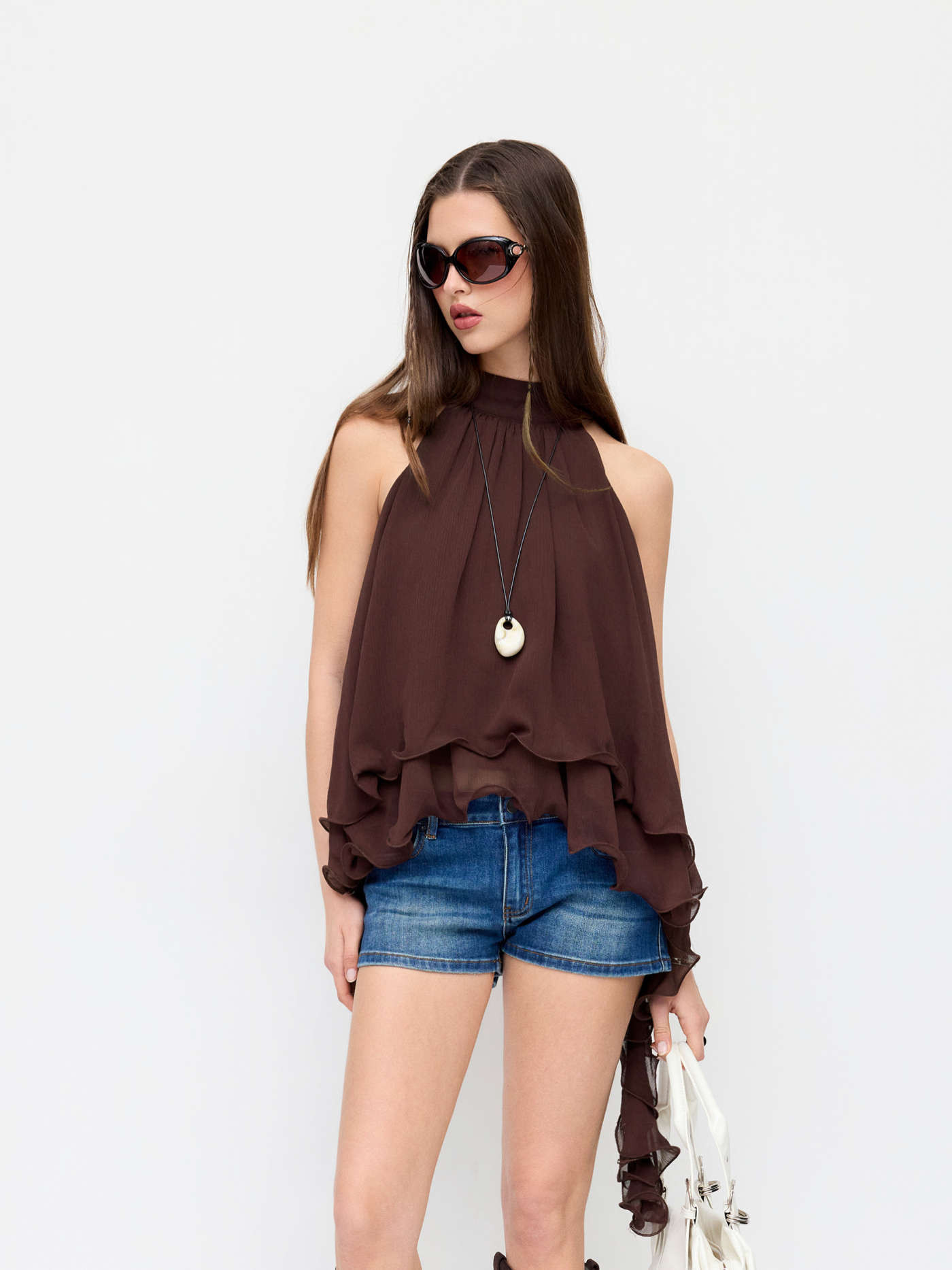 Chiffon Halter Neck Ruffle Hem Oversized Blouse | Cider