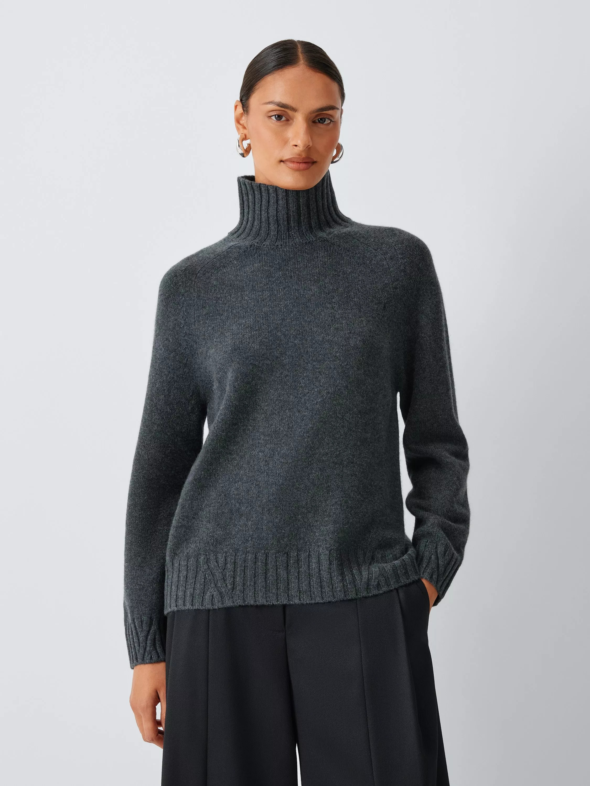 John Lewis Merino Wool Rich with Cashmere Funnel Neck Jumper, Charcoal | John Lewis (UK)