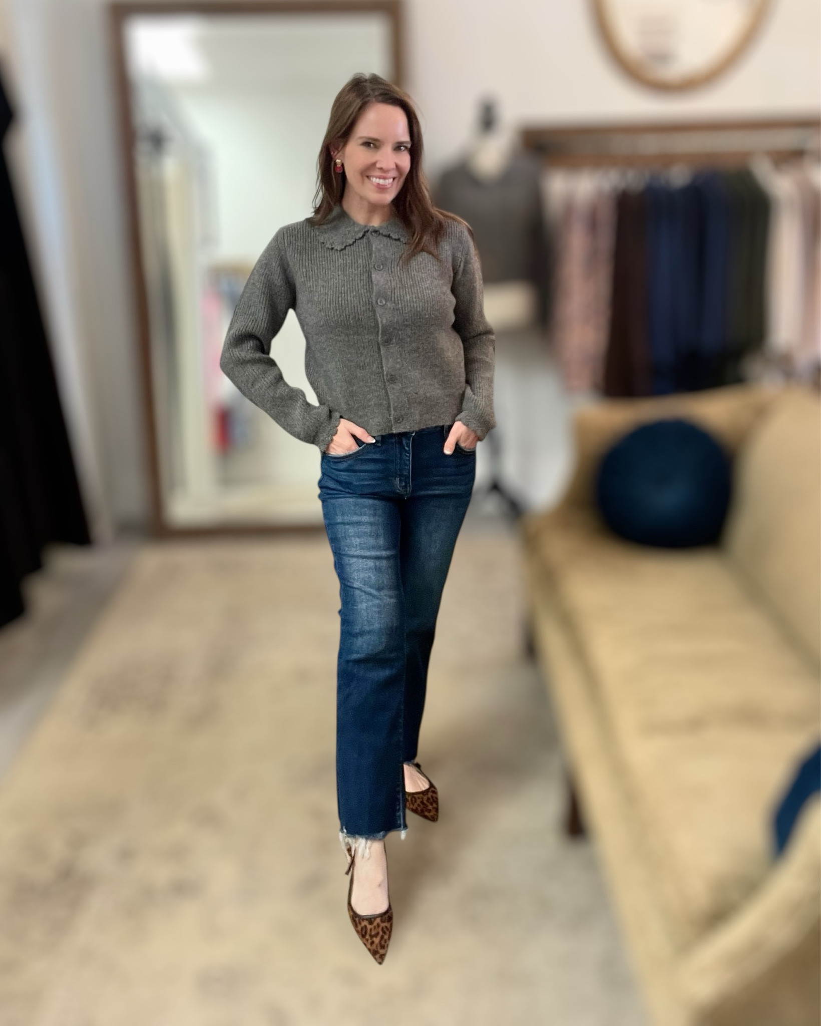 Scalloped Collar Cardigan + Cropped Flare Jeans (Easy Everyday Classic) 🤍✨

This outfit is the perfect mix of cozy and polished for everyday wear. The scalloped collar cardigan adds such a feminine, elevated touch while still being comfortable and easy to style. I paired it with mid-rise cropped flare jeans for a flattering silhouette and finished the look with leopard slingback flats to give it a little personality. This is an effortless go-to for casual workdays, errands, lunch dates, or anytime you want to look put together without trying too hard. Everything is linked so you can recreate the full look, plus similar shoe options to fit your style and budget 🐆🤎

scalloped collar cardigan, women’s cardigan outfit, everyday casual outfit, cropped flare jeans women, leopard slingback flats, chic casual style, classic wardrobe staples, fall layering outfit, polished everyday look, boutique style outfit, affordable women’s fashion

#LTKGiftGuide #LTKFindsUnder50 #LTKFindsUnder100