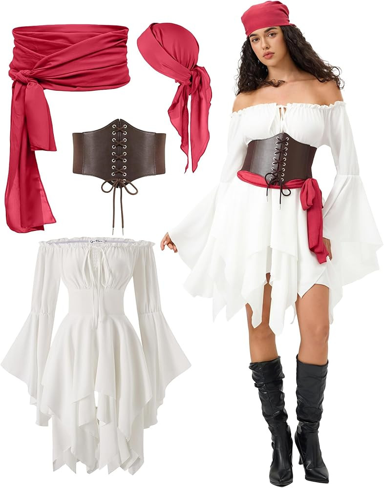 Geehora Women's Pirate Costume Set: Off Shoulder Renaissance Dress & Elastic Corset Cosplay, Pira... | Amazon (US)