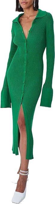 Women Button Down Knit Sweater Long Dress Vintage Long Sleeve V Neck Split Dress Casual Cardigan ... | Amazon (US)