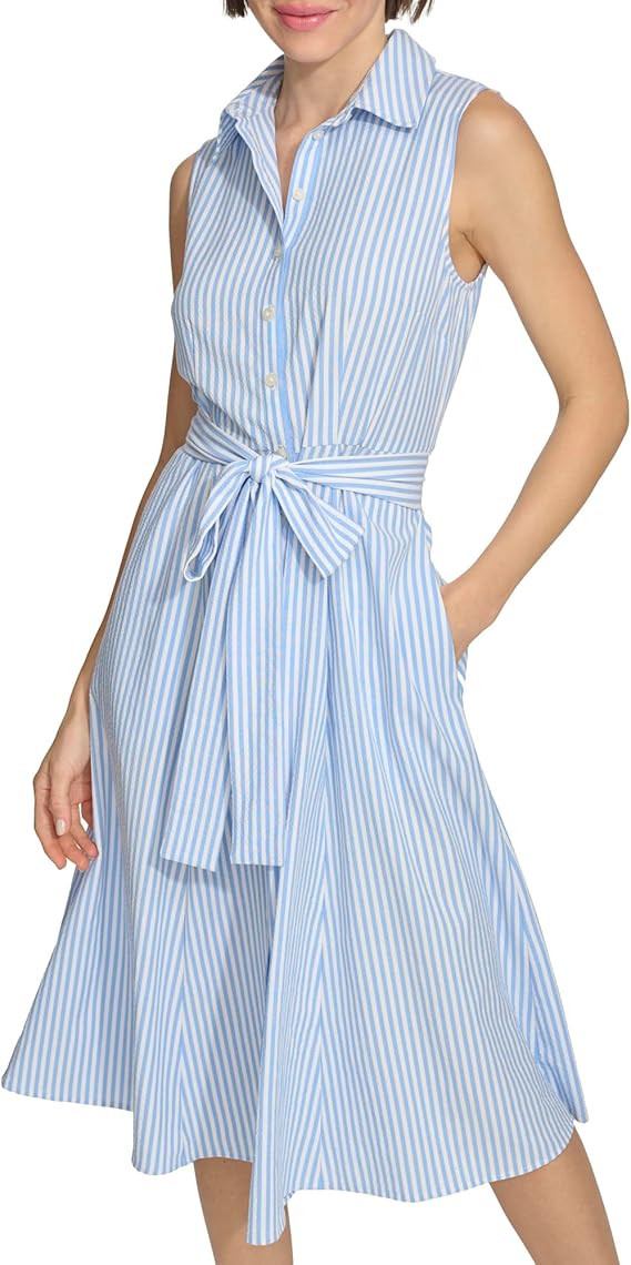 Tommy Hilfiger Women's Point Collar Pucker Stripe Fabric Dress, Blue/Ivory | Amazon (US)