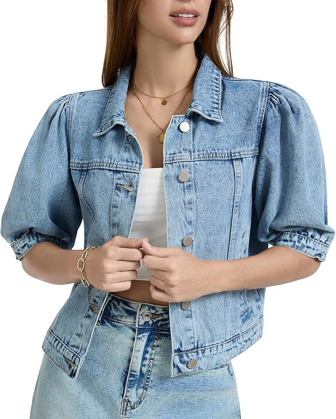 andy & natalie Women's Jean Jacket Cropped Short Puff Sleeve Trendy Denim Jackets with Pockets | Amazon (US)