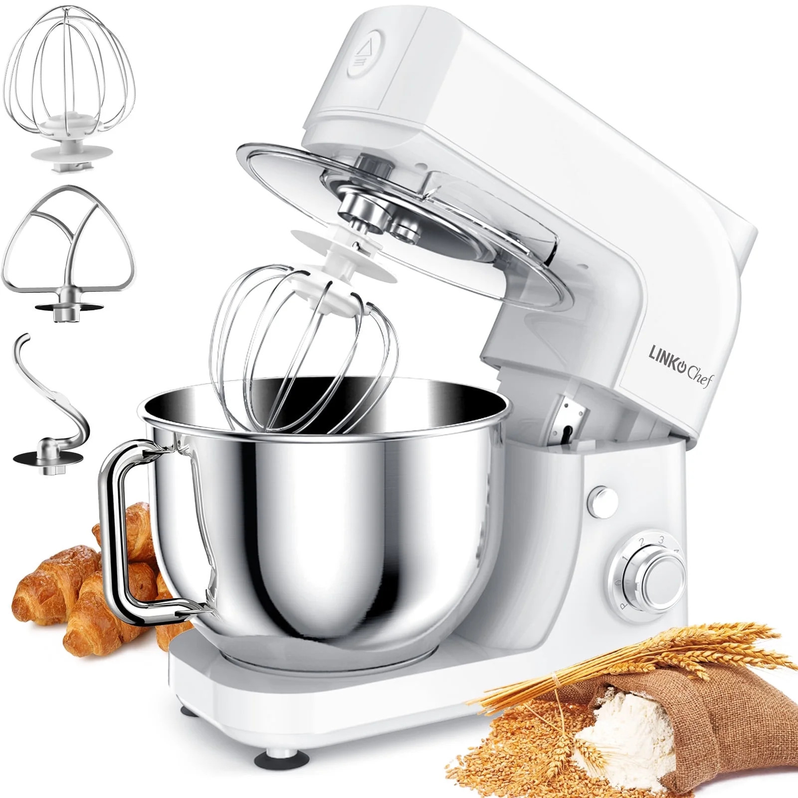LINKChef Stand Mixer, 5.3QT 800W 6+P Speeds with Whisk, Dough Hook and Beater (White) | Walmart (US)