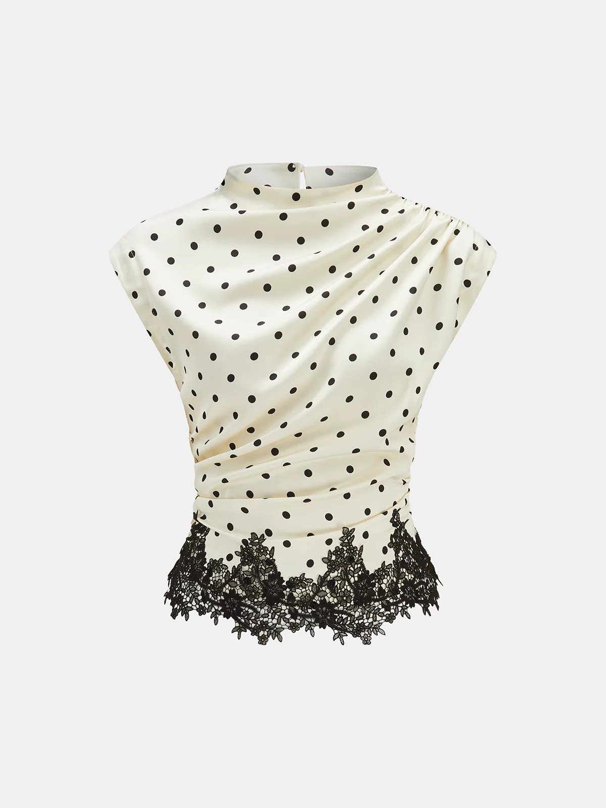 Polka Dot Ruched Lace Hem Sleeveless Blouse | Commense