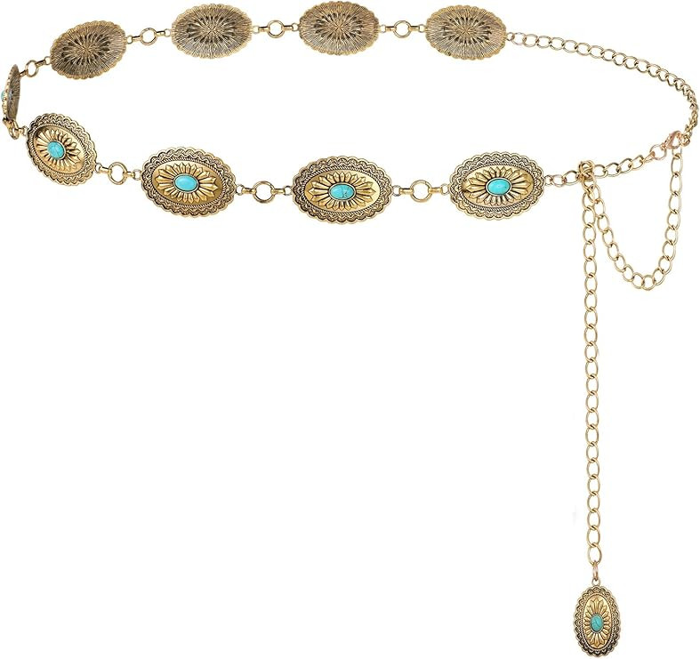 FIORETTO Metal Chain Link Belt for Women Western Cowgirl Waist Chain Boho Country Turquoise Belts... | Amazon (US)