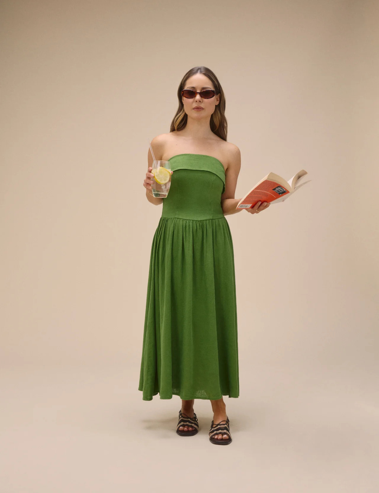 Green Linen-Blend Bandeau Fia Midi Dress | Nobody's Child