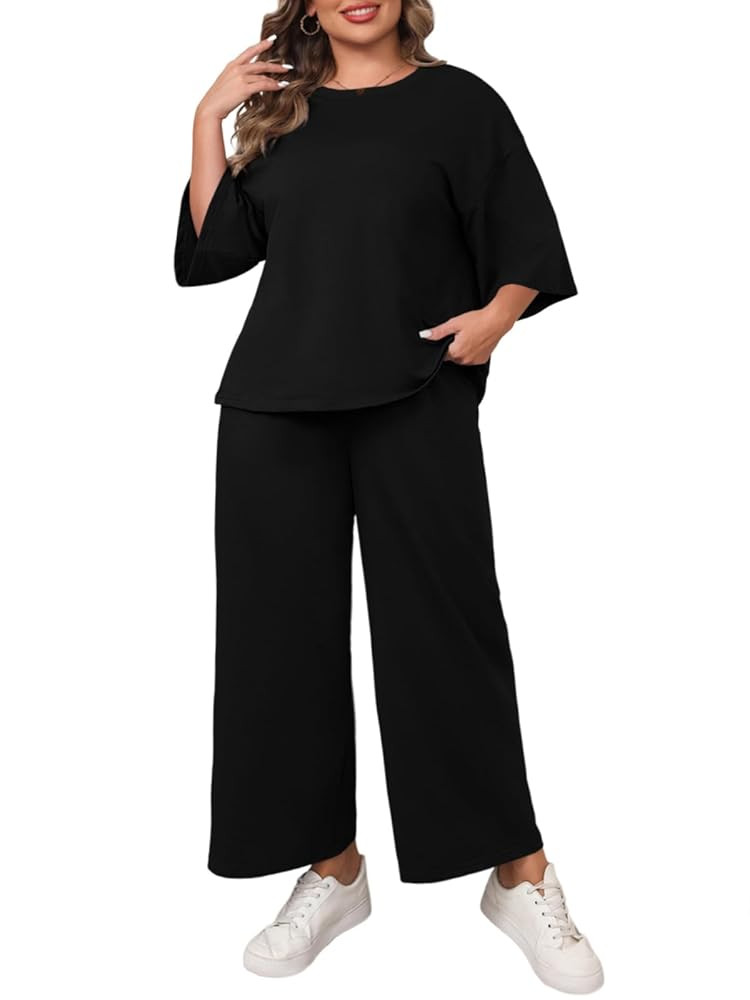 Beautife Womens Plus Size 2 Piece Outfits 3/4 Sleeve Tops and Wide Leg Pants Loungewear Pajamas S... | Amazon (US)