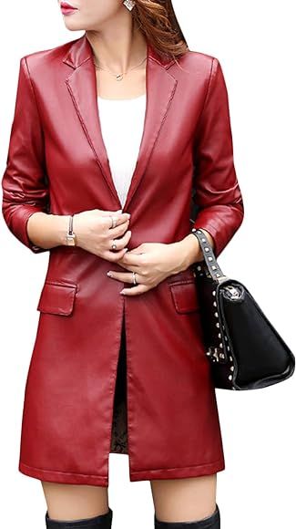 Tanming Womens PU Faux Leather Jacket Casual Lapel Long Suit Trench Coat Outerwear | Amazon (US)