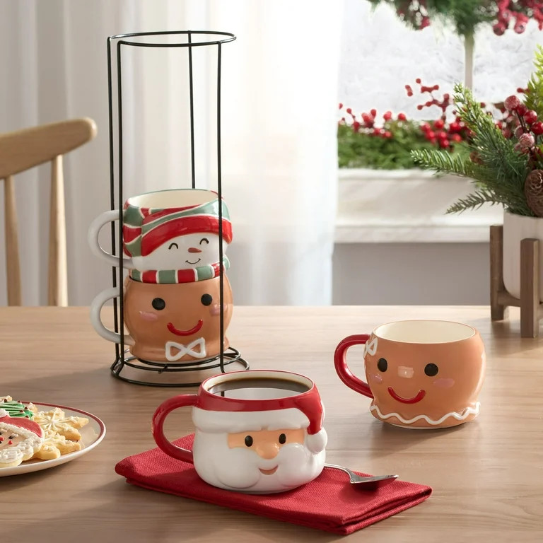 Holiday Time 12oz Holiday Characters Glazed Stoneware Ceramic Stacking Mug Set with Metal Rack | Walmart (US)