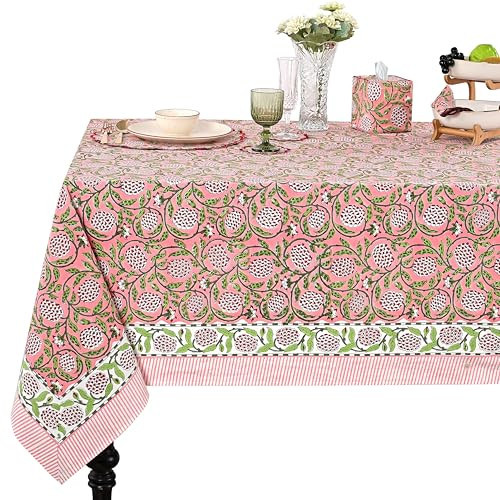 Ridhi Hand Block Print Strawberry Pink Rectangle Cotton Tablecloth 108" x 70" Reusable Table Cover Decorative Everyday Use for Dining, Farmhouse, Home Gift for Spring, Easter, Valentine | Amazon (US)