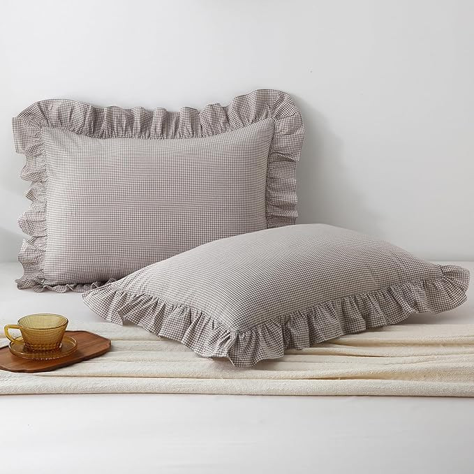 Aryeleay 2 Pack Brown White Plaid Gingham Ruffle Pillow Shams Standard Size 26x20 inches, 100% Wa... | Amazon (US)