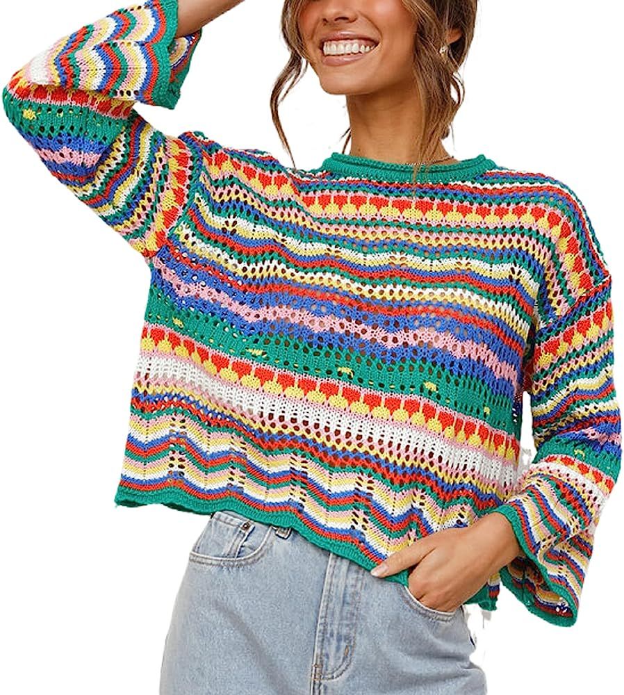 Y2k Women Long Sleeve Crop Top Crochet Knit Color Block Pullover Jumper Tops Loose Patchwork Shirts  | Amazon (US)