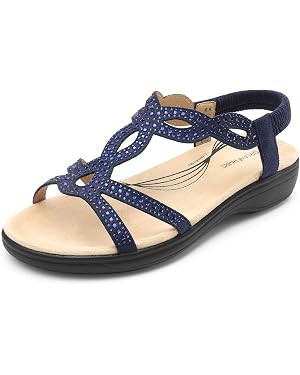 DREAM PAIRS Women's Comfort Dressy Rhinestone Summer Beach Sandals Slip-on Flat Walking Orthopedi... | Amazon (US)