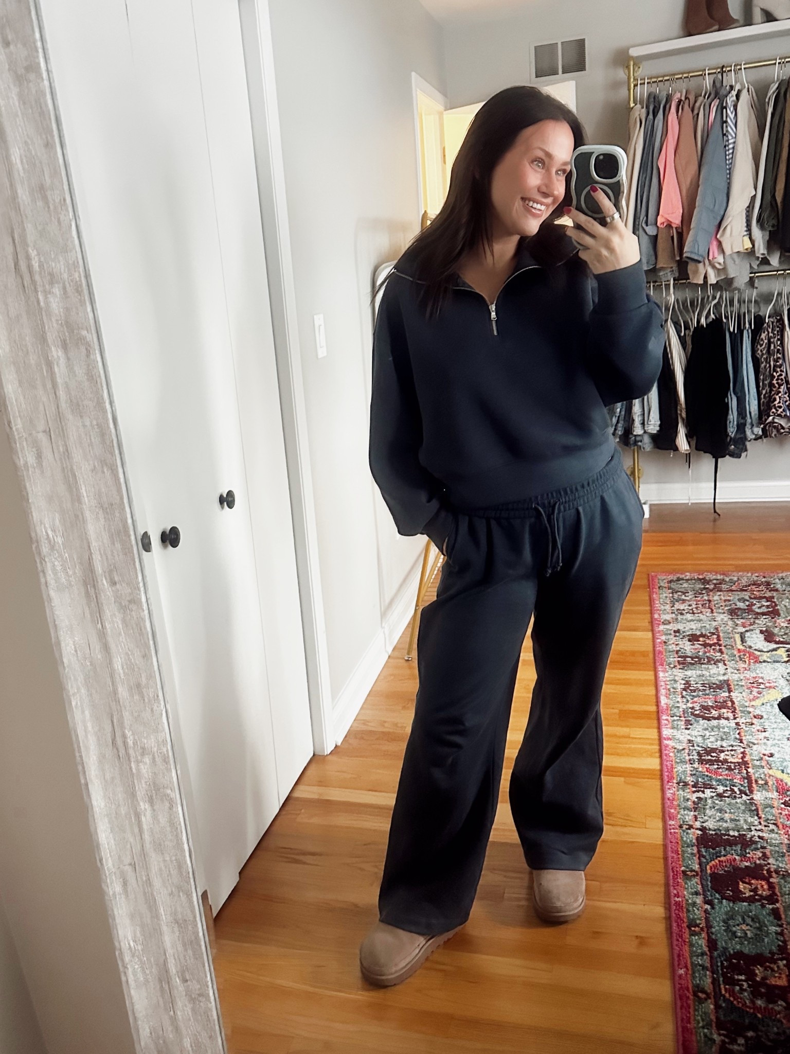 This set is so perfect, I’ve worn it three times this week. I love a navy blue sweatshirt, this comfy sweatsuit is on sale right now, perfect for the upcoming holiday hibernation. 
#comfyoutfit #sweatsuit #matchingset #momoutfit #wintershoes 

#LTKootd #LTKFindsUnder50 #LTKSaleAlert