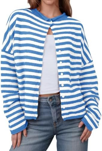 Saodimallsu Womens Striped Cardigan Casual Long Sleeve Open Front Button Down Loose Knit Lightwei... | Amazon (US)