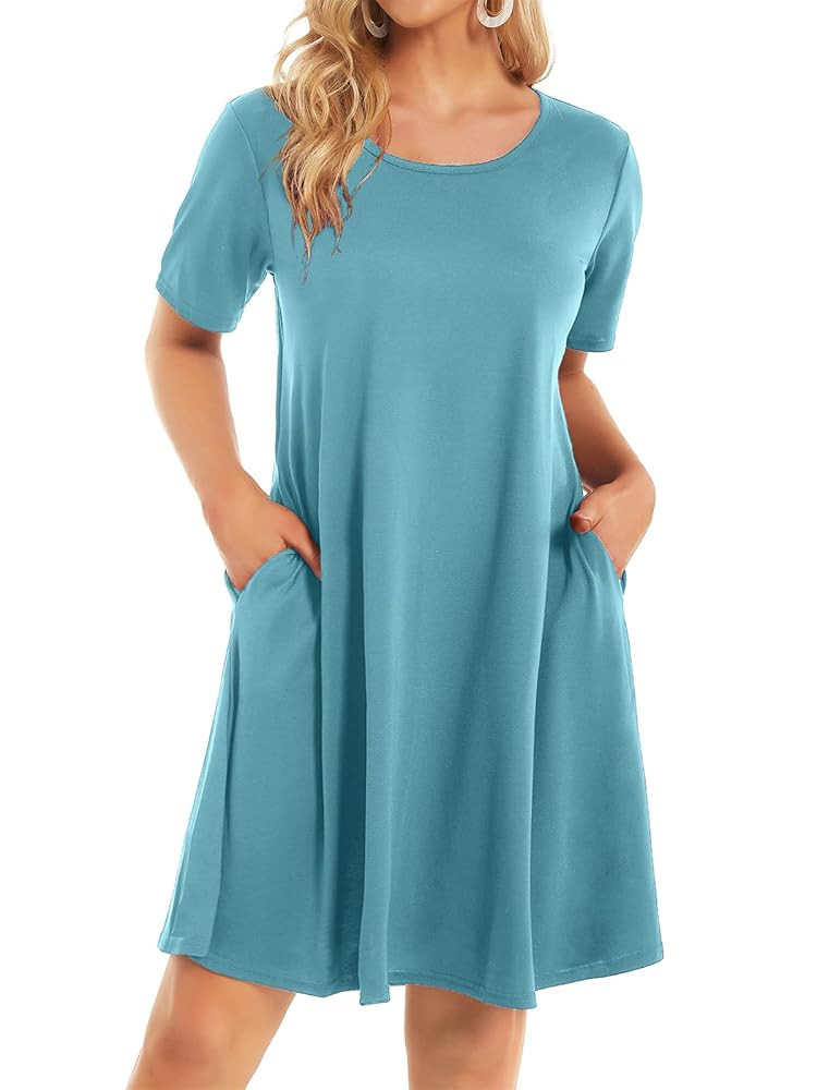 Womens Summer Dresses Beach Casual Loose Tshirt Floral Short Sleeve Flowy Pockets Sundresses | Amazon (US)