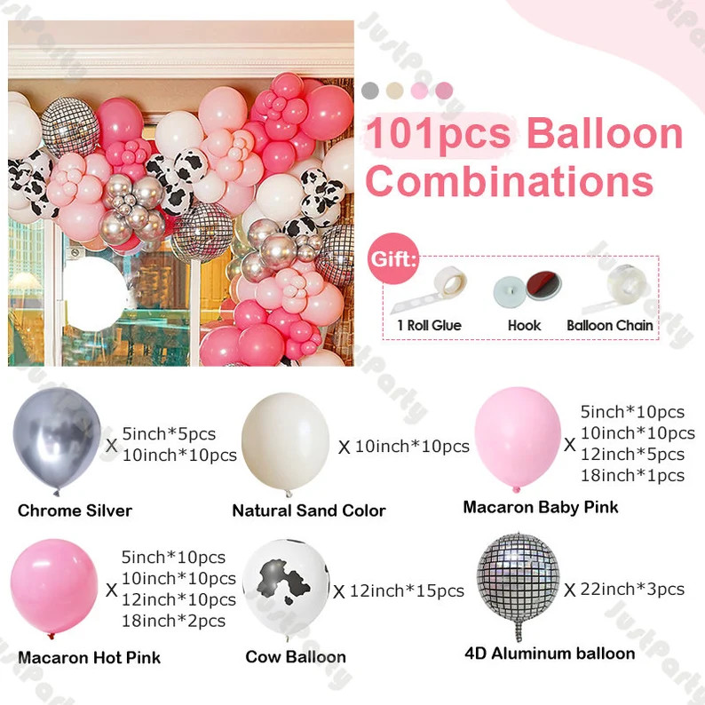 101/130/184pcs Disco Cowgirl Balloon Garland Kit Baby Pink Hot Pink Cow Print Latex Balloon Arch ... | Etsy (US)
