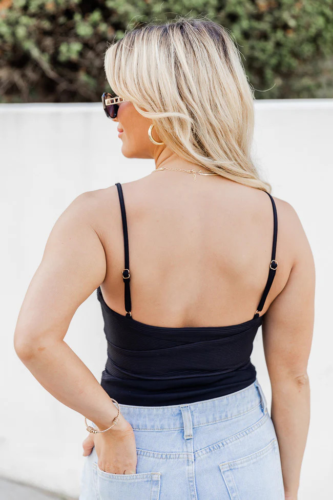 Truly Iconic Black Textured Notched Neckline Tank Bodysuit | Pink Lily