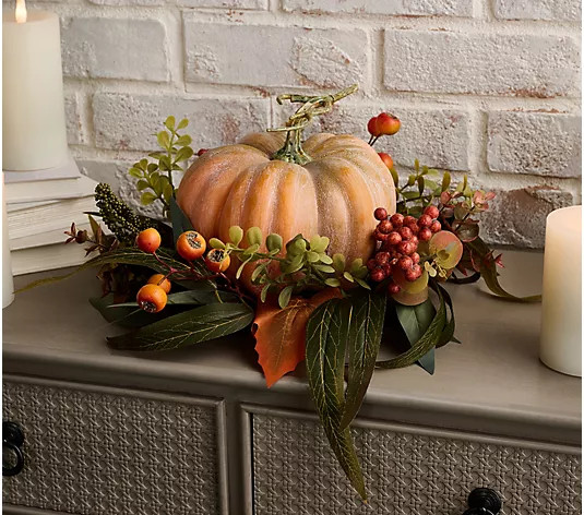 Pumpkin Centerpiece with Berries and Leaves by Valerie - QVC.com | QVC
