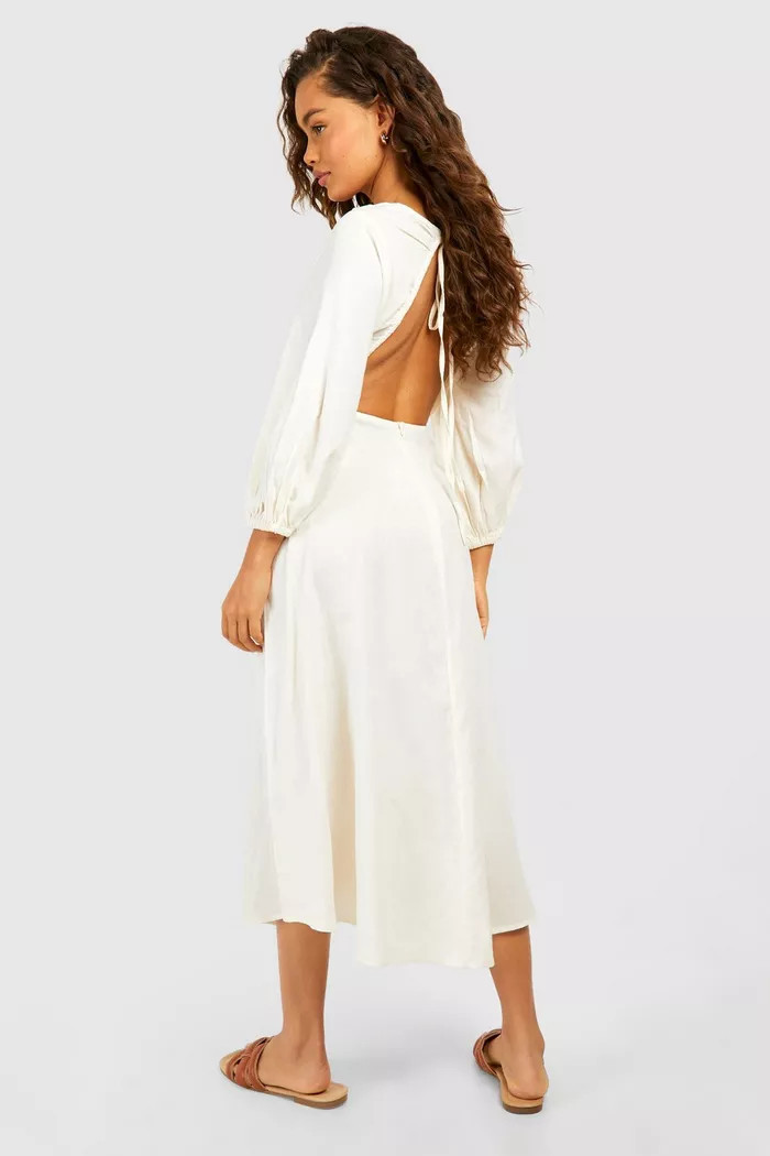Linen Tie Front Puff Sleeve Midi Dress | boohoo (US & Canada)