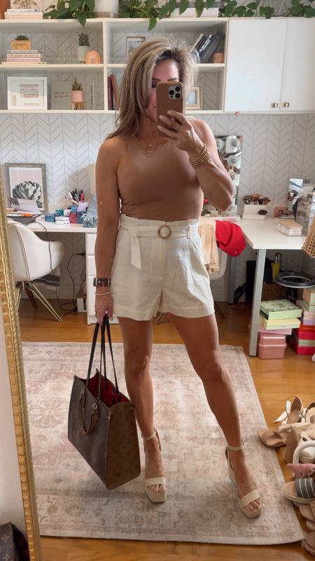 Double lined butter soft sleeveless bodysuit, tank top, cream belted linen shorts, spring sandals, spring outfit, summer outfit 

#LTKfindsunder50 #LTKover40 #LTKVideo