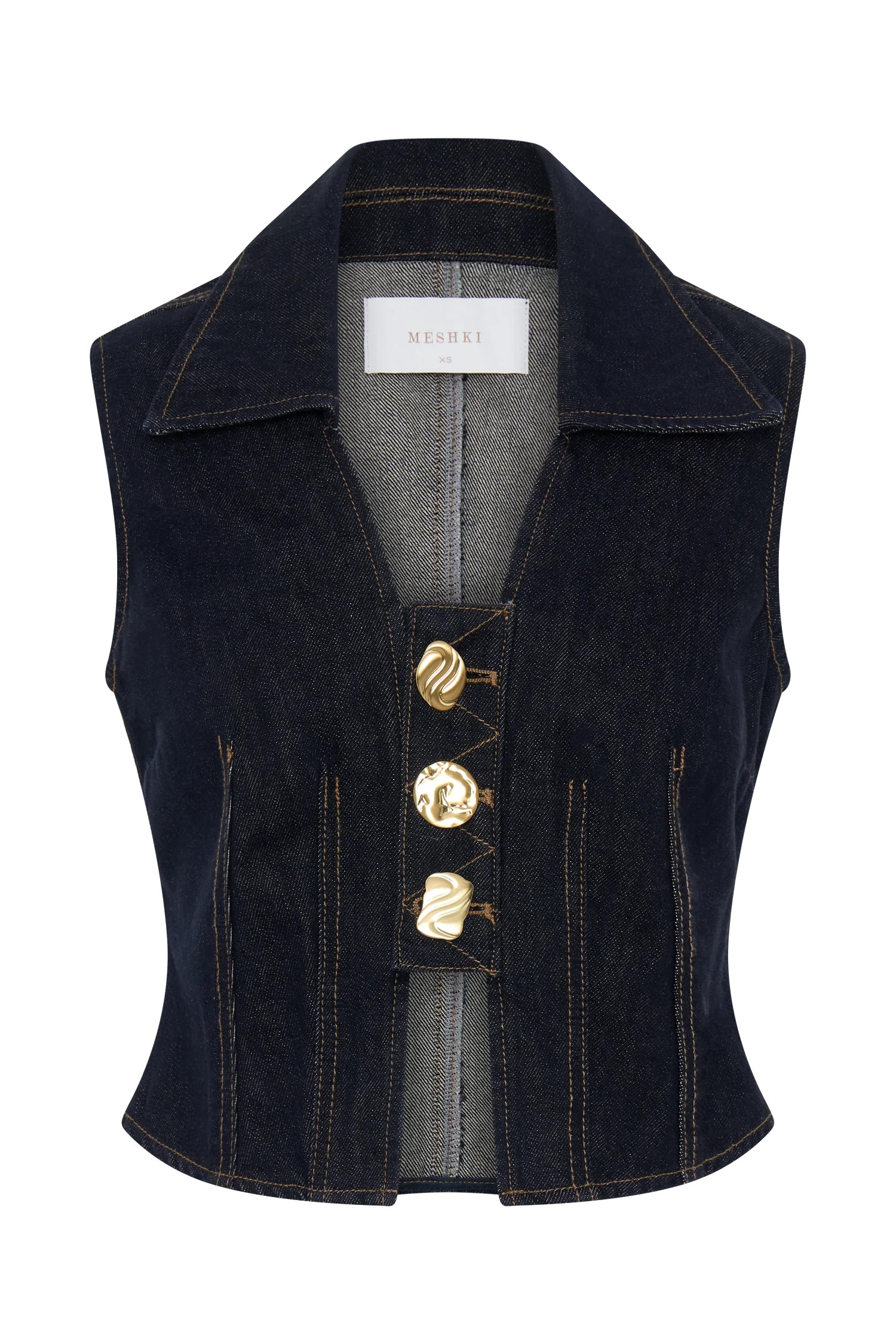 Shona Denim Vest With Decorative Buttons - Washed Indigo Blue | MESHKI US