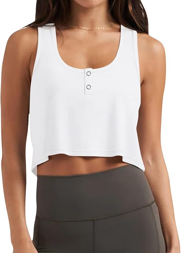 LASLULU Womens Crop Tops Sleeveless Henley Athletic Shirts Square Neck Workout Tops Button Croppe... | Amazon (US)