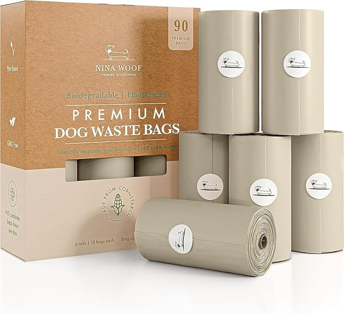 NINA WOOF Dog Poop Bags Rolls - 90 Compostable & Biodegradable for Puppy Walks, Travel, Thick Ref... | Amazon (US)