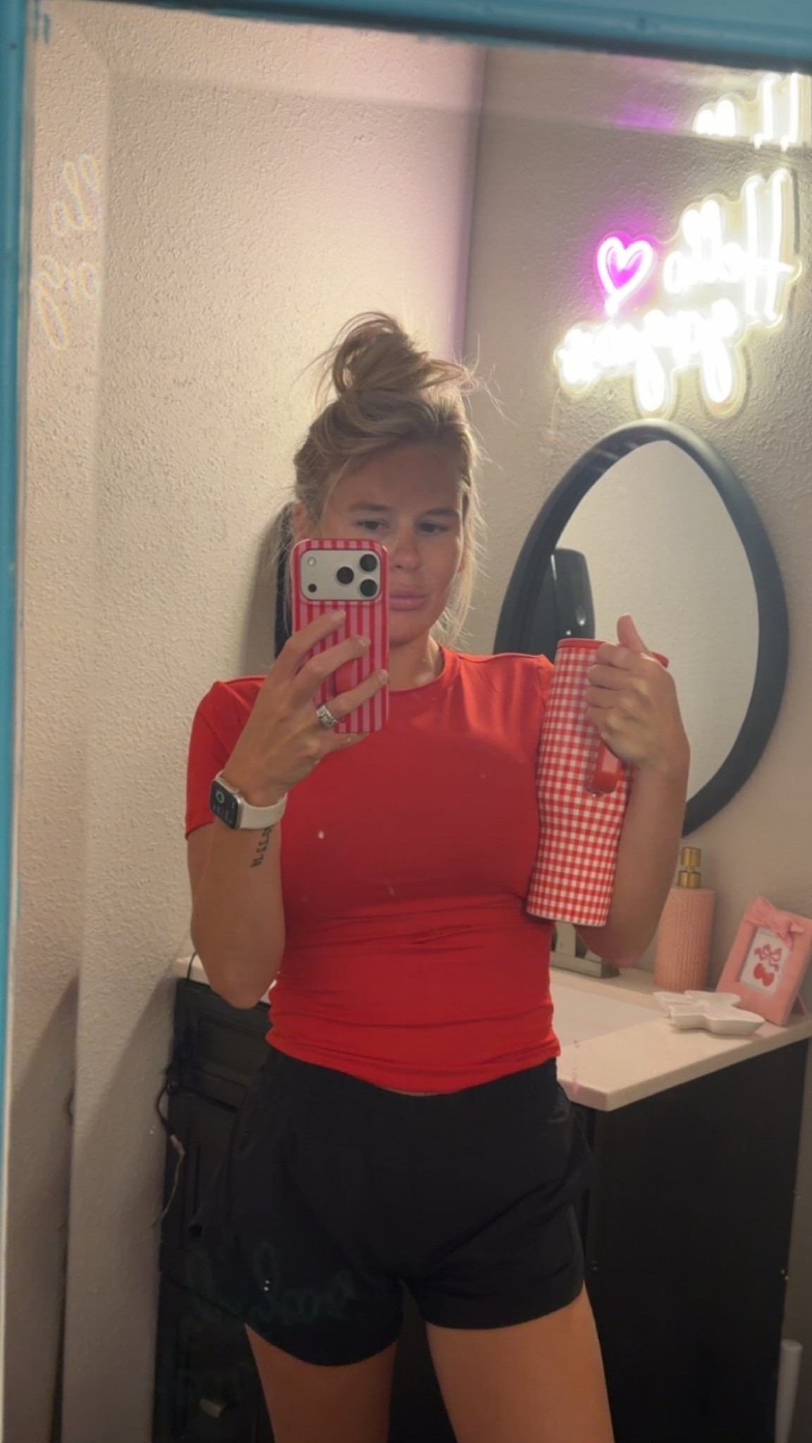 Wearing a small in the shorts and shirts