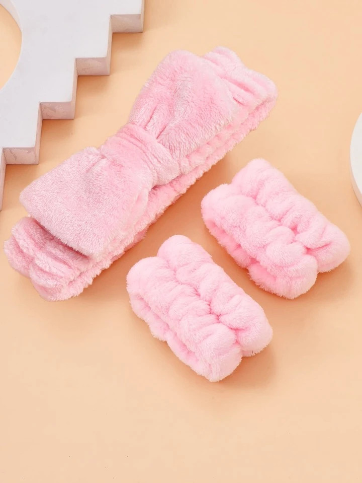 1pc Bow Decor Polyester Bath Headband & 2pcs Wristbands For Washing Face,Cute Pink Washable Facia... | SHEIN