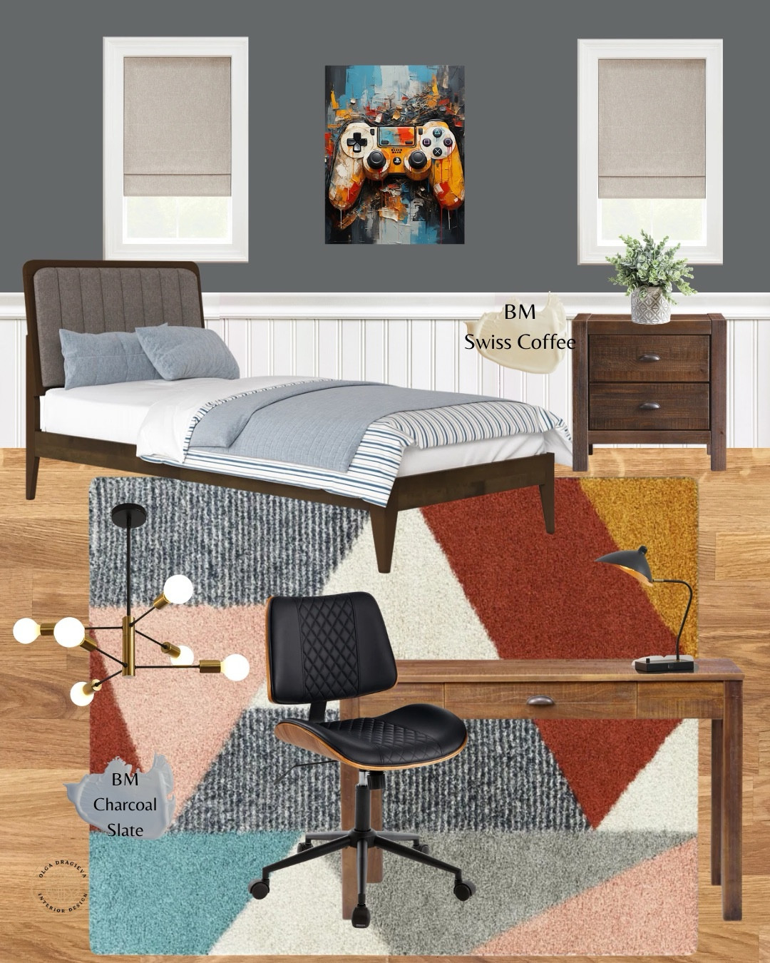 Boy bedroom design. I love this bed from Wayfair, dark brown nightstand, writing desk, modern desk chair, Sputnik chandelier which is a great price, geometric rug and game art. #kidsroom #bedroom 

#LTKHome #LTKSaleAlert #LTKKids