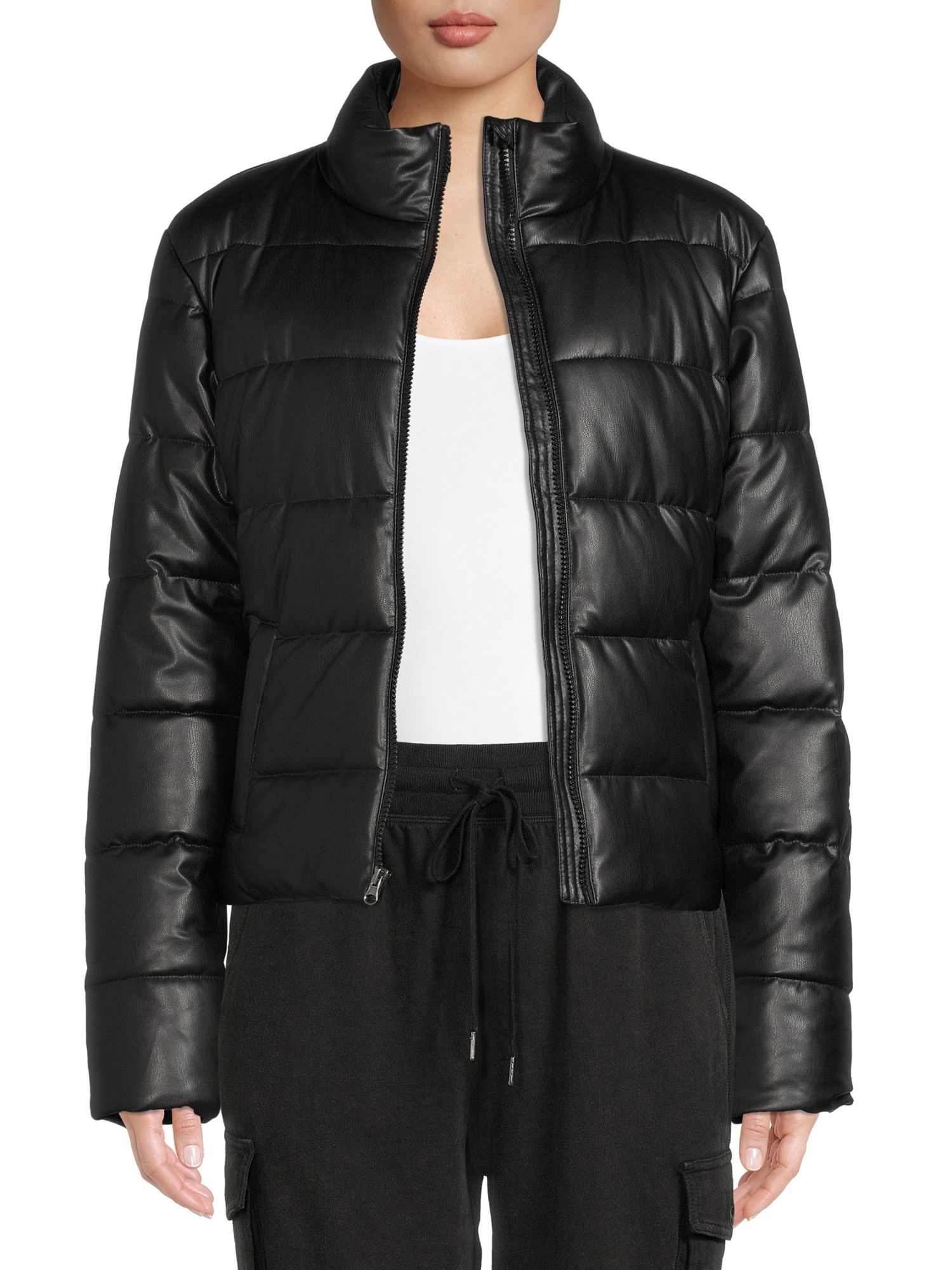 Time and Tru Women's Faux Leather Cropped Puffer Jacket - Walmart.com | Walmart (US)
